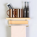Luxe Zelfklevende Toiletrolhouder met telefoonplankje- Hout & Messing - Geen Boren Nodig-28x10x10cm-goud