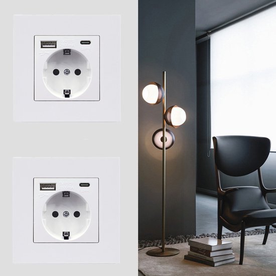 Inbouwstopcontact USB-A & USB-C - Wit - Kinderbeveiliging