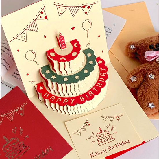 3D Pop-up Verjaardagskaart met Taartontwerp- Feestelijke Decoraties en Opnamefunctie-14.4x14.4cm