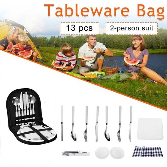 Picknick set - kamperen set - camping servies - voor 2 personen ( 2x mes, vork en lepel, 2 borden, kurkentrekker, placemat, snijplank)