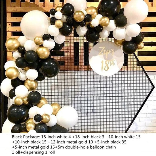 134 delige Ballonnenset -Ballonnenboog- Feest/ Party-Verjaardag-jubileum-kerstdecoratie-zwart , goud en wit