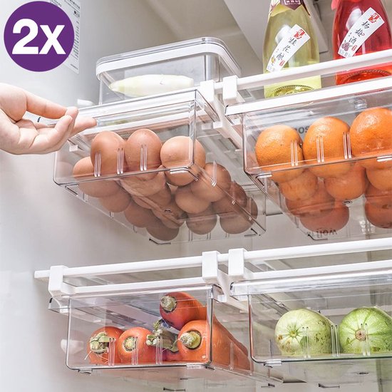 2 Stuks Koelkast Opbergbox Laden - Houd je Koelkast Georganiseerd met Gemak en Stijl - Duurzaam PET Plastic - Uittrekbare lade met handvat - Transparan