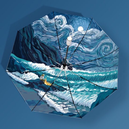 Opvouwbaar paraplu - Zonbescherming Anti-Uv UPF50 + -Windproof- Stevig paraplu - Automatisch -Van Gogh Ster zee print -zilver