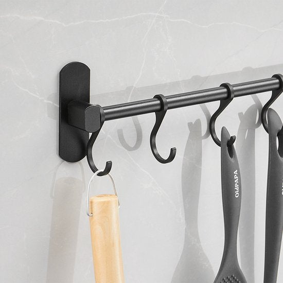 Ruimtebesparende Keukengerei Wandbeugel-keukengereihouder met 8haakjes-Aluminium Keukenrail -49.5CM-zwart