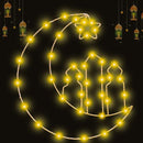 LED Maan & Moskee Wandlamp – 40 warm-witte LEDs – Gouden metaal – 32 × 29 cm – Batterij (3× AA) – Ramadan / Eid sfeerverlichting