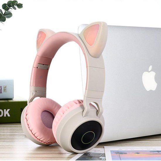TDR- Draadloze Bluetooth koptelefoon - Over-Ear Koptelefoon voor Kinderen - Met Led Kat Oortjes - Bekend van TikTok -  roze grijs