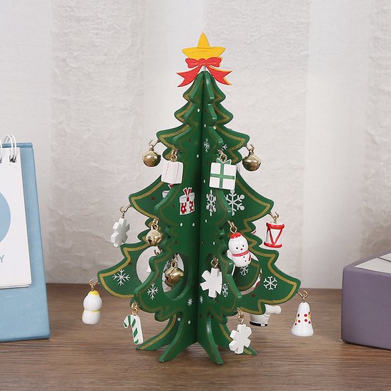 Mini Houten 3D Kerstboom – Met 10 Decoratieve Hangers – Feestelijke Tafeldecoratie - Hoogte 17.2 cm