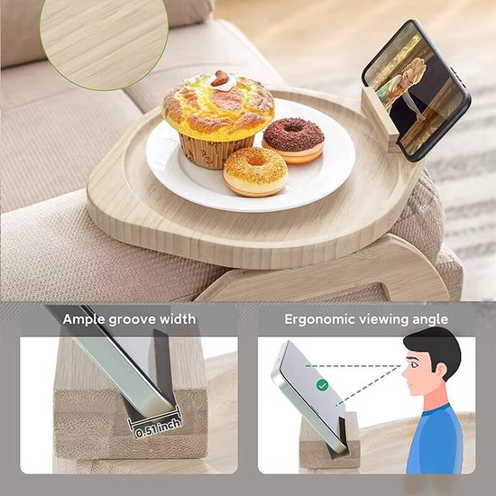 Natuurlijk Houten Sofa Armleuning Dienblad met 360-graden Draaibare Telefoonhouder - Multifunctioneel en Stijlvol Huishoudelijk Accessoire 30*25cm