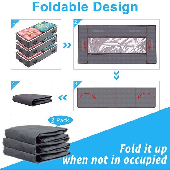 3 stuks Hoogwaardige Opbergboxen voor Onder het Bed -Ademend Non-woven Materiaal | Ruimte-optimalisatie Oplossing-diepgrijs 98*50*16CM