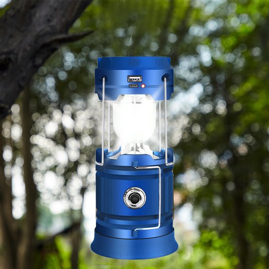 Solar LED Campinglamp Blauw - Handvat, USB, Powerbank, IP10