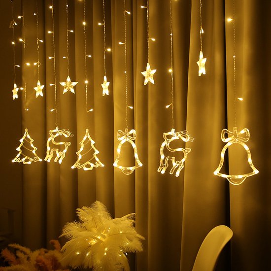 LED Lichtgordijn met Charmante Kerstboom en Belvormige Decoraties- voor een Warme en Feestelijke Leefruimte, 138 Warme LED's