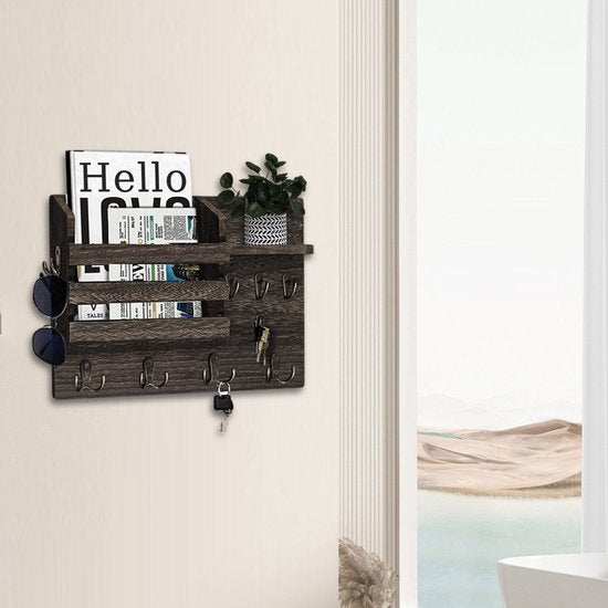 Multifunctionele Houten Wandorganizer met 13 Haken -Sleutelrek met plank- Sleutelkast-Compact en Landelijk -34 x 22 cm -bruin