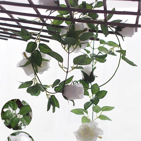 2 Stuks Rozen Slinger - Kunstbloemen slinger - Balkon decoratie - Zomerbloem- 145cm - Klimroos cream & Wit- Bruiloft Decoratie – Trouwen -Trouwdag bloemen