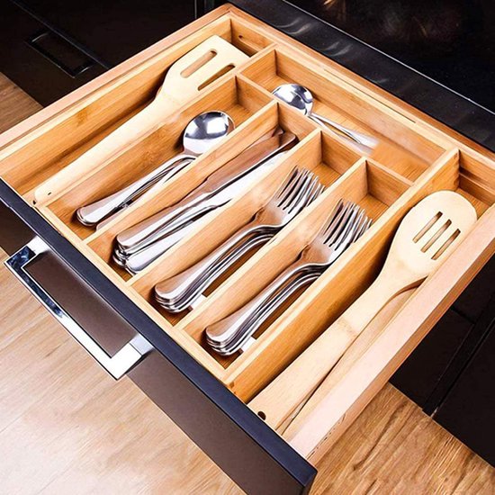 Ruimtebesparende Bamboe Bestekbak - Uitschuifbaar van 5 naar 7 Vakken voor een Georganiseerde Keukenlade - Stijlvolle Keukenorganizer48*37,5*5cm