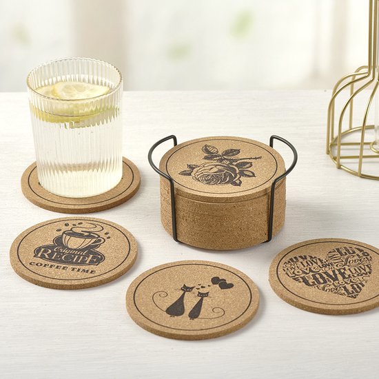 12 stuks Kurken Onderzetters met houder voor Glazen met Sierlijke Katten-, Rozen- en Koffieprints - Stijlvolle en Natuurlijke Bescherming voor Uw Tafel - Rond - Duurzaam - Antislip - Hittebestendig