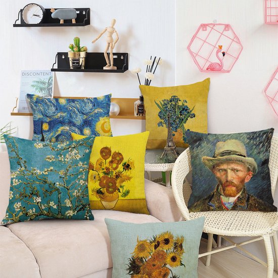 Kussensloop – Thema: van Gogh Amandelbloesem -Premium Katoen-Linnen, Kleurvast & Slijtvast, met Handige Rits -45x45cm