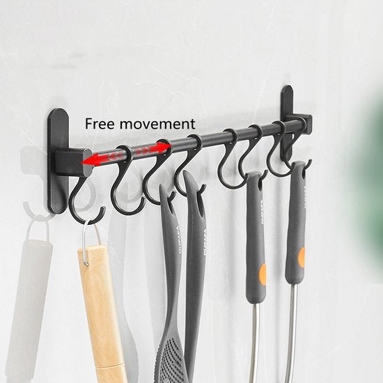 Ruimtebesparende Keukengerei Wandbeugel-keukengereihouder met 8haakjes-Aluminium Keukenrail -49.5CM-zwart
