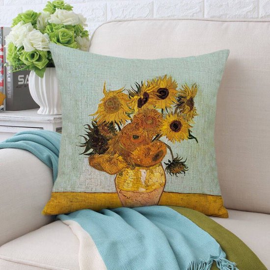 TDR -Sierkussensloop  - van katoen en linnen - 45 x 45 cm - Thema: van Gogh ,Zonnebloemen in een vaas