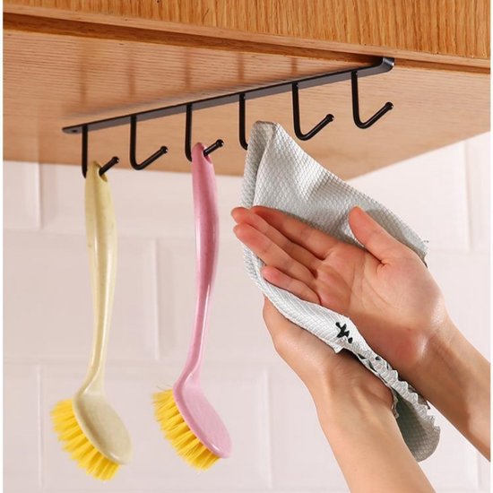 Keukenhaak onder plank, 6 haken - set van 4, zwart 26cm