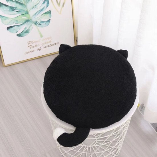 Rond Kussen Kat – 40×40 cm – Zwart Pluche Kussentje