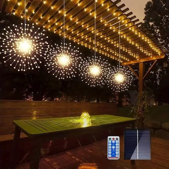 Solar Vuurwerk Lichtsnoer – 4 Stuks – 360 LED – Waterdicht – Warm Wit – Afstandsbediening – Binnen & Buiten