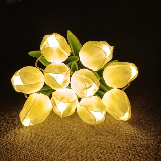 Bosje 10 witte LED Kunsttulpen op batterij - Moederdag