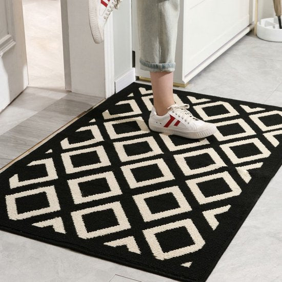 Geometrische antislip deurmat voor binnen-Schoonloopmat-zwart/beige 60x90cm