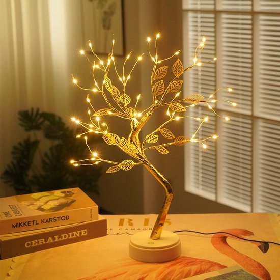 LED Firefly Boomlamp – 72 Warmwitte Lampjes – Goudkleurig – Sfeervolle Tafellamp – Batterij – Blad Design – Binnenverlichting