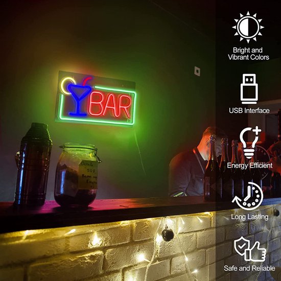 LED Neon BAR Lamp –Neon Wandlamp- De Perfecte Sfeermaker voor Thuis en Horeca(Incl. Adapter & Ophanghaakjes)-42x22cm