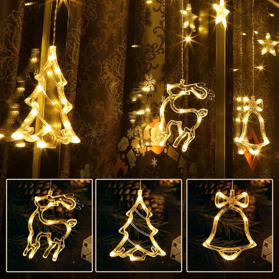 LED Lichtgordijn met Charmante Kerstboom en Belvormige Decoraties- voor een Warme en Feestelijke Leefruimte, 138 Warme LED's