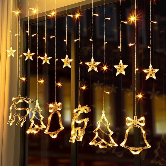 LED Lichtgordijn met Charmante Kerstboom en Belvormige Decoraties- voor een Warme en Feestelijke Leefruimte, 138 Warme LED's