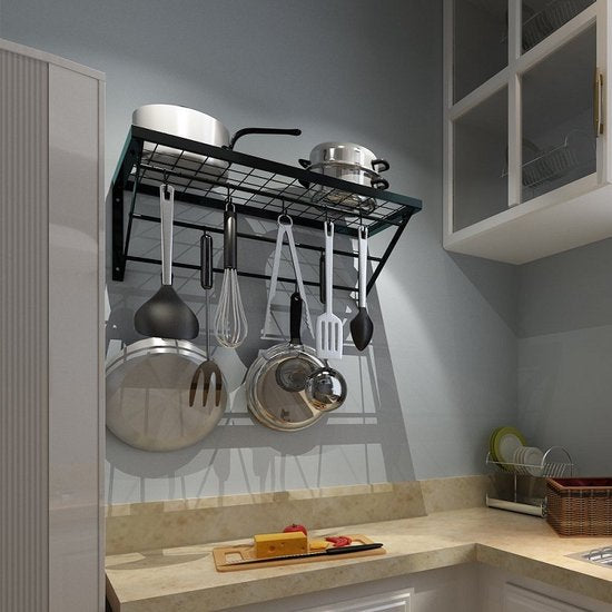 Stijlvol en Duurzaam Metalen Keukenrek met 10 Haken-Opbergrek voor Pannen en keukengerei-60*30*23cm-zwart