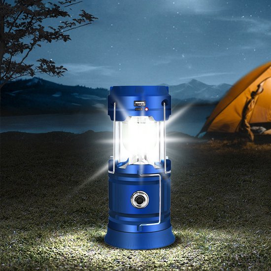 Multifunctionele Solar LED Campinglamp met Handvatten - IP10 - USB-lader en Powerbank-blauw