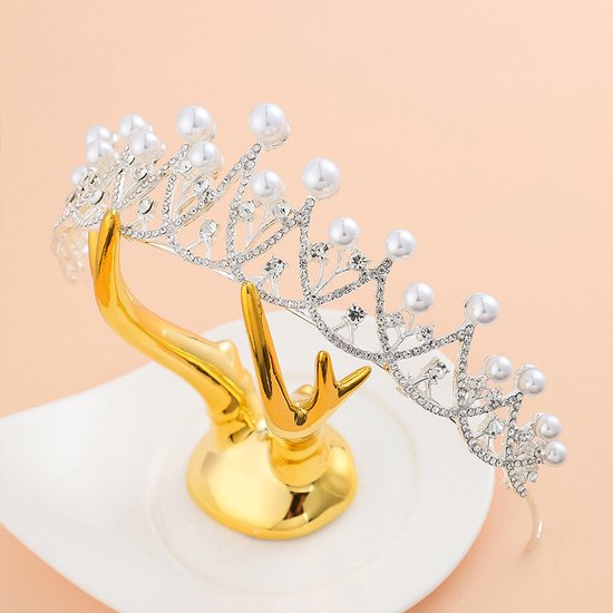 Luxe Zilveren Koninklijke Tiara: Witte Parels & Kristallen