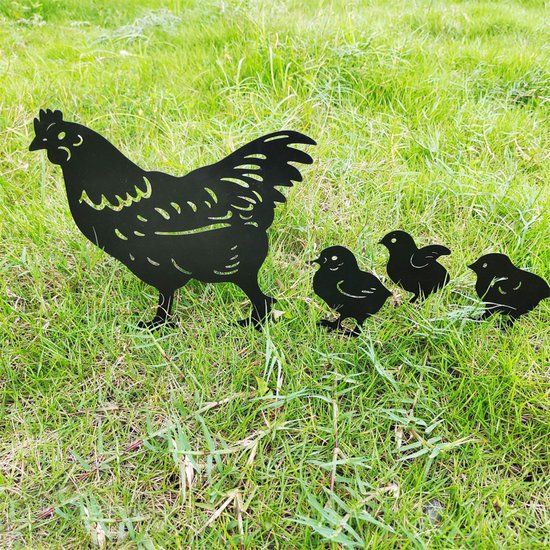 Holle Kippenfamilies Tuindecoratie - Set van 4 Metalen Stake