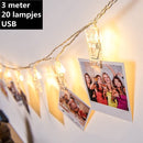 Fotoclip lichtsnoer - 3 meter - 20 lampjes met fotoclip -werkt op USB- warm wit licht