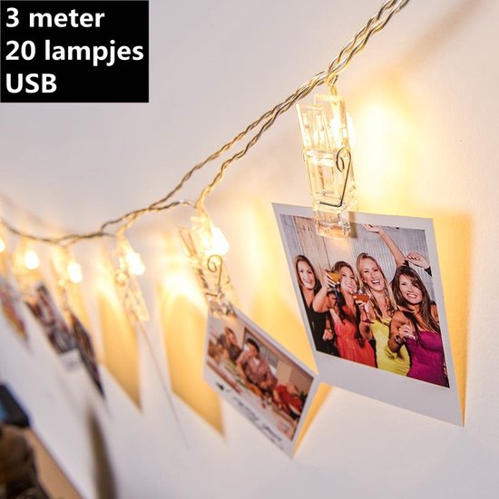 Fotoclip lichtsnoer - 3 meter - 20 lampjes met fotoclip -werkt op USB- warm wit licht