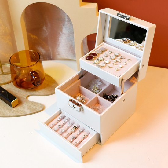 Luxe Sieradendoos met Spiegel en Sleutel - Wit