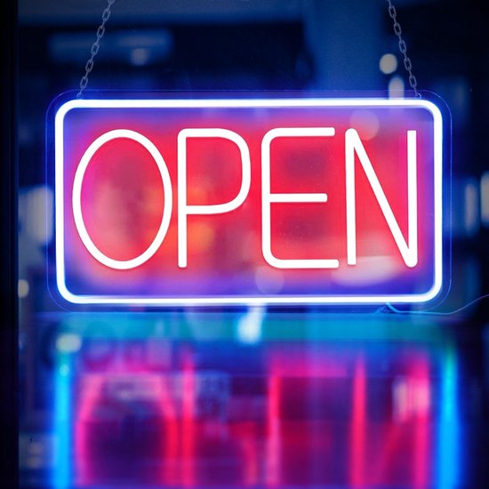 LED Neon Open Bord – Lichtreclame – 42x22cm – Rood/Blauw – Voor Binnen & Buiten – Inclusief Ophangketting
