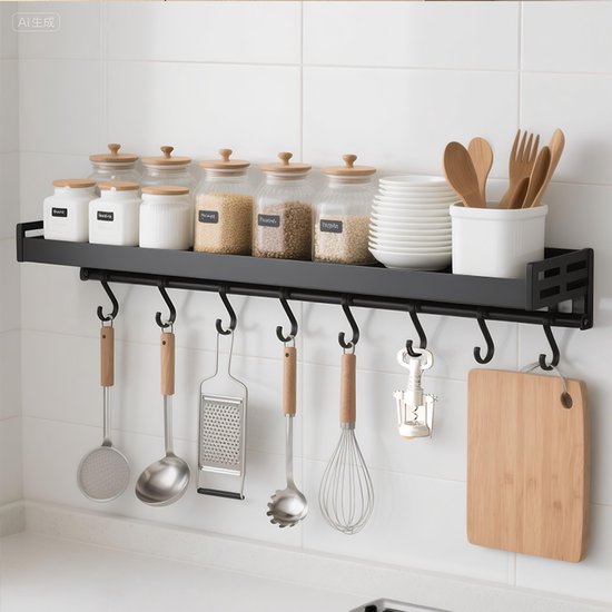 Keukenrek, muurgemonteerd kruidenrek, smalle brede staaf, 8 haken zwart 50CM