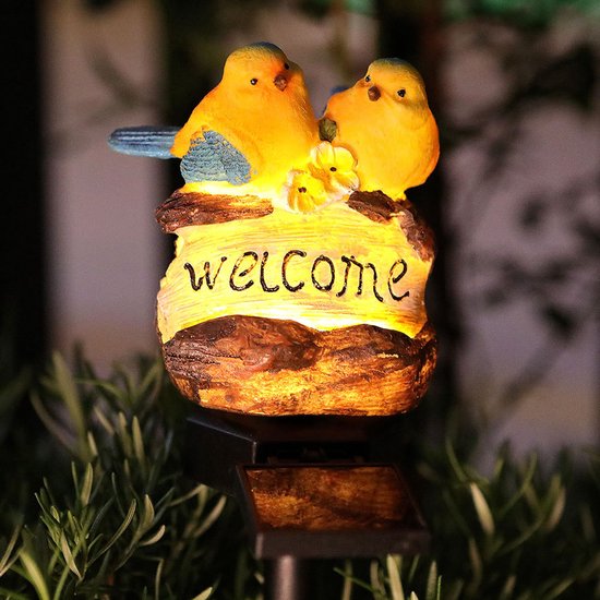 Solar tuinlamp welkomstlamp met vogels, geel 39 cm