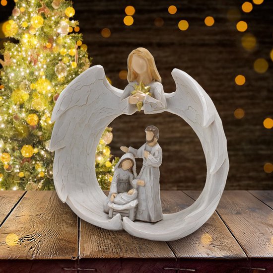 Merkloos Hars Beeld: Heilige Familie & Engel, 10*4.2*10.3 cm
