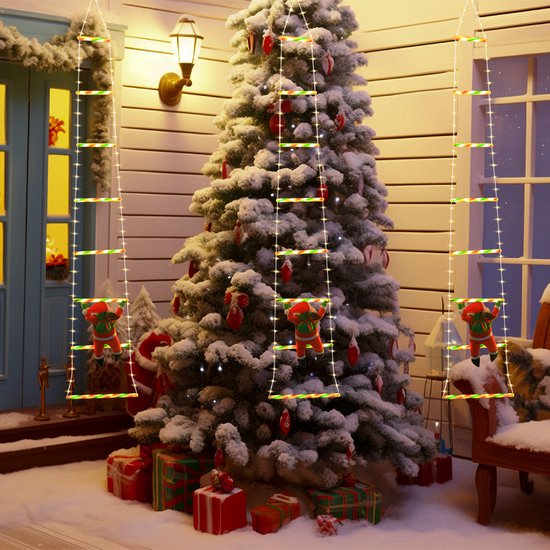 1,7m LED Kerstladder met Klimmende Kerstman –Kerstboomdecoratie-Warm Wit Kerstverlichting- USB, 8 Lichtmodi, Waterdicht IP65 voor Binnen & Buiten