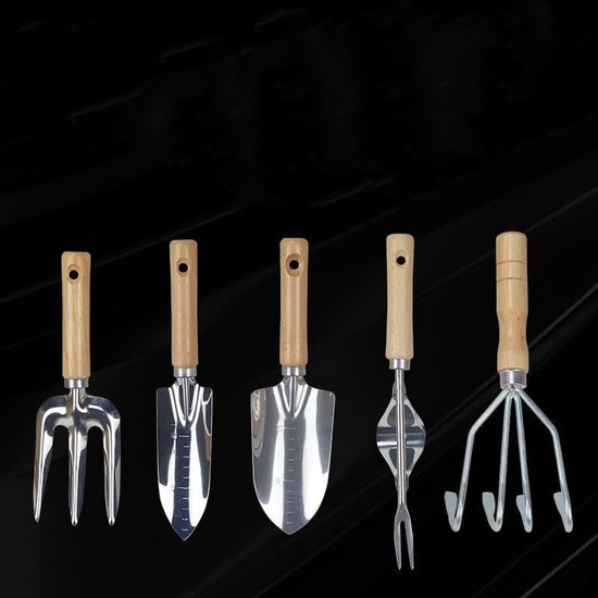 5-delige Tuingereedschap Set – RVS & Houten Handvatten – Schopje, Hark, Plantschep & Meer – Ideaal voor Elke Tuinier