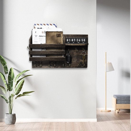 Multifunctionele Houten Wandorganizer met 13 Haken -Sleutelrek met plank- Sleutelkast-Compact en Landelijk -34 x 22 cm -bruin