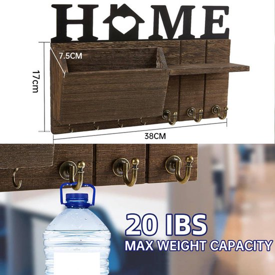 Grote Stijlvolle Wandgemonteerde Sleutelhouder met 'HOME' Design - Functionaliteit en Esthetiek in Eén-38*7.5*17cm-donkerbruin