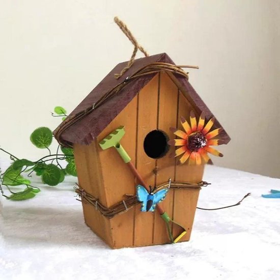 Decoratief Houten Vogelhuisje met Bloem en Vlinder – Tuindecoratie – Uniek Cadeau voor Vogelvrienden