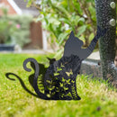 Metalen tuinsteker zwarte kat bloem silhouet met vlinder