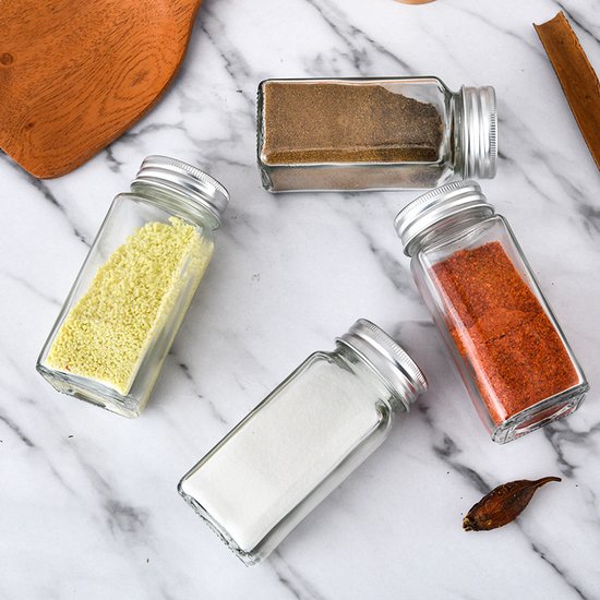 12-delige Glazen Kruidenpotten Set met Aluminium Deksel -Inhoud 120 ml - Inclusief Handige Accessoires