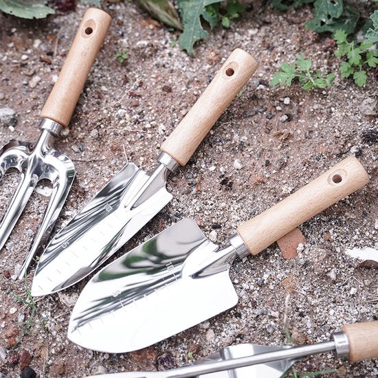 5-delige tuingereedschapset RVS met houten handvatten
